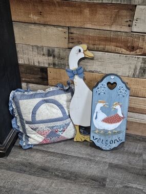 Cottagecore Hand-Painted Wooden Goose, Welcome Sign, Vintage Pillow Lot of 3.